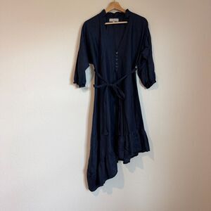 LJC Designs Blue Linen Half Sleeve Asymmetrical Ruffle Dress Women's Size XS